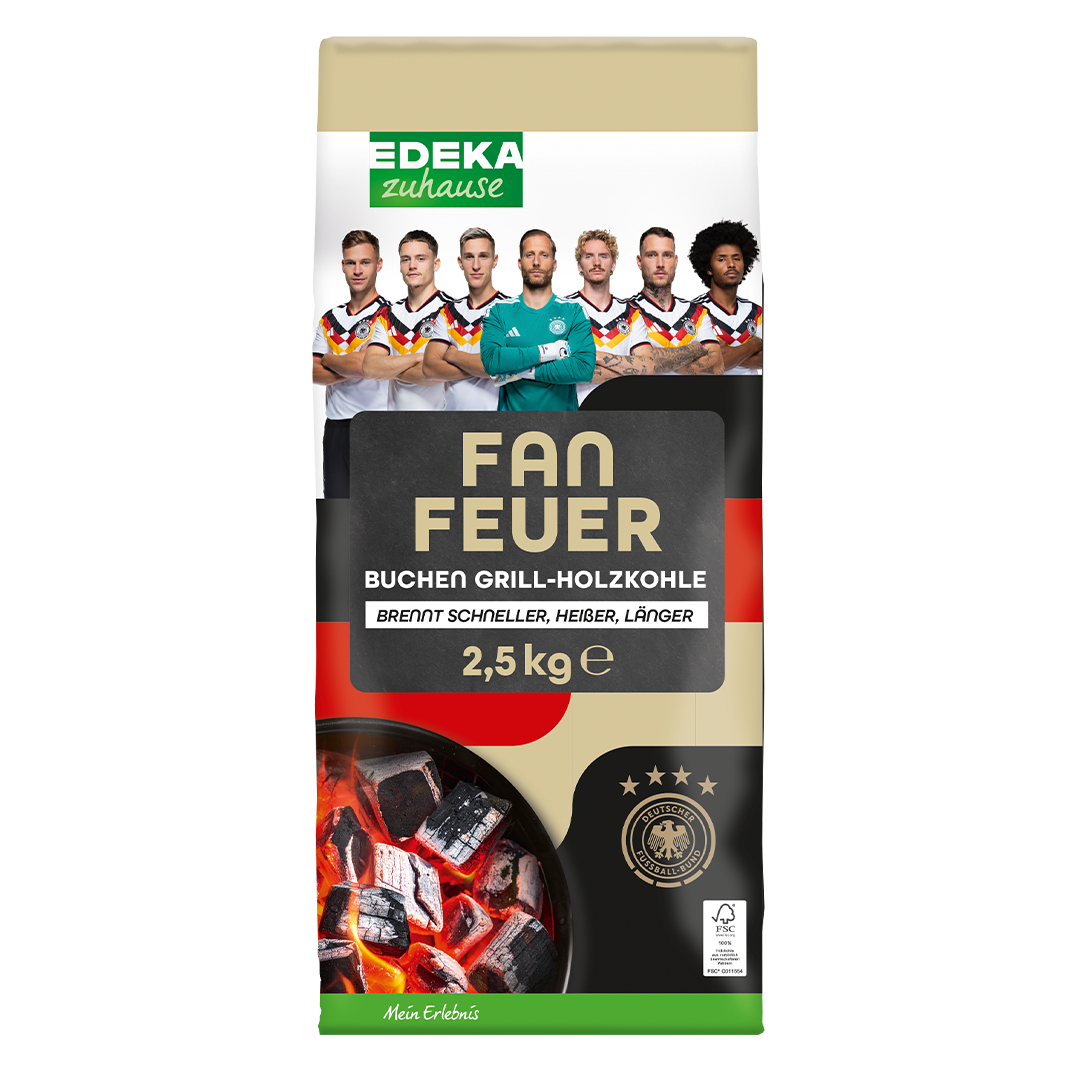 Abbildung des DFB-Kooperationsproduktes EDEKA zuhause Fanfeuer, aus Buchen Grill-Holzkohle, in der 2,5kg Packung