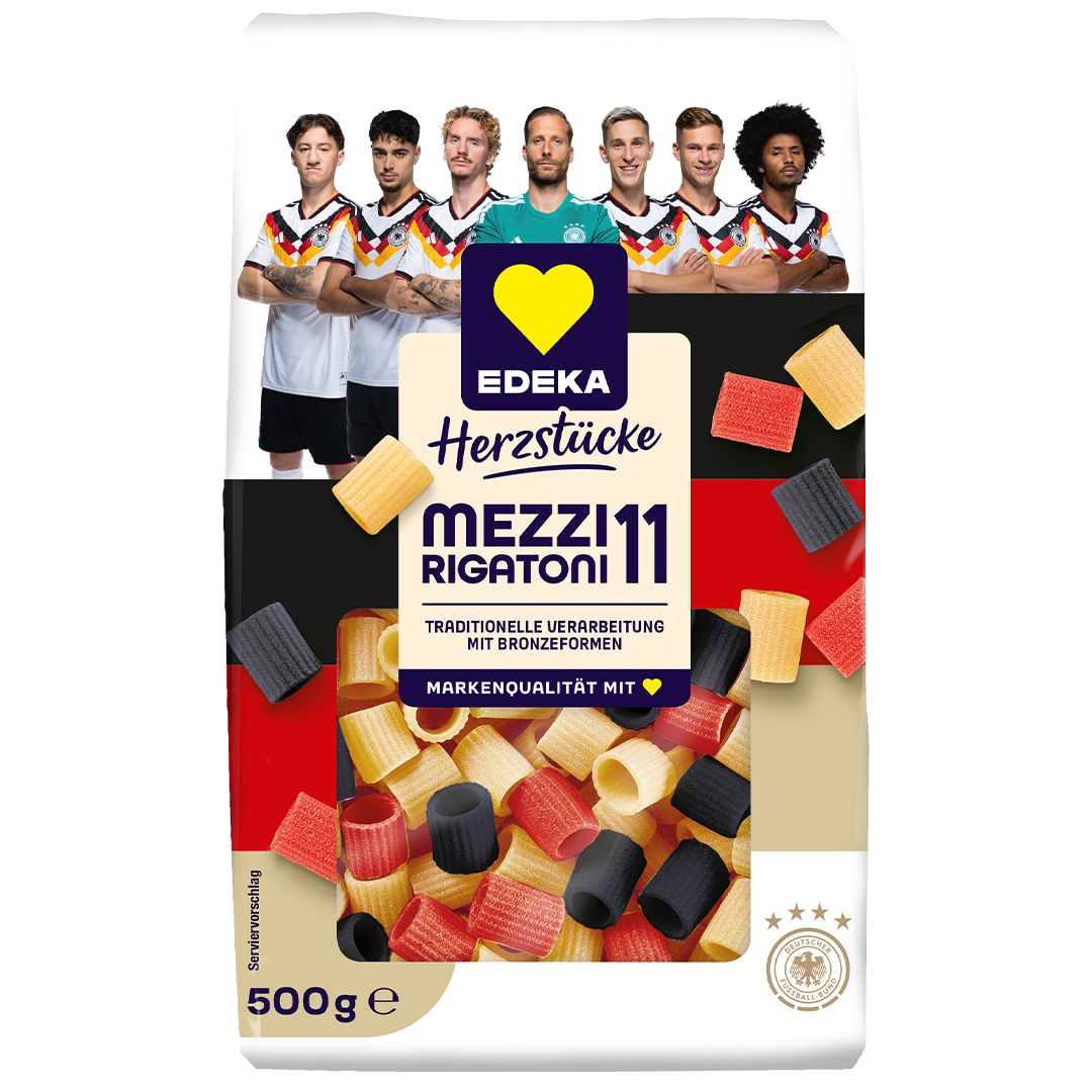 Abbildung des DFB-Kooperationsproduktes EDEKA Herzstücke Mezzi Rigatoni 11, aus traditioneller Verarbeitung mit Bronzeformen, 500g Packung