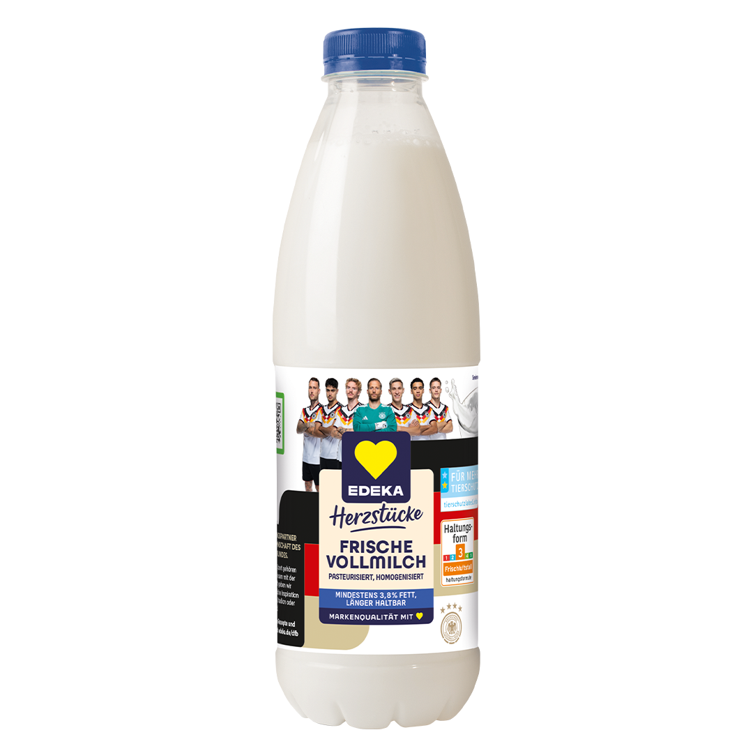 Abbildung des DFB-Kooperationsproduktes EDEKA Herzstücke Frische Vollmilch, mit mindestens 3,8% Fettanteil & länger haltbar, in der 1l PET-Flasche