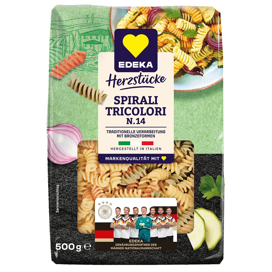 Abbildung des DFB-Kooperationsproduktes EDEKA Herzstücke Spirali Tricolori N. 14, in der 500g Packung