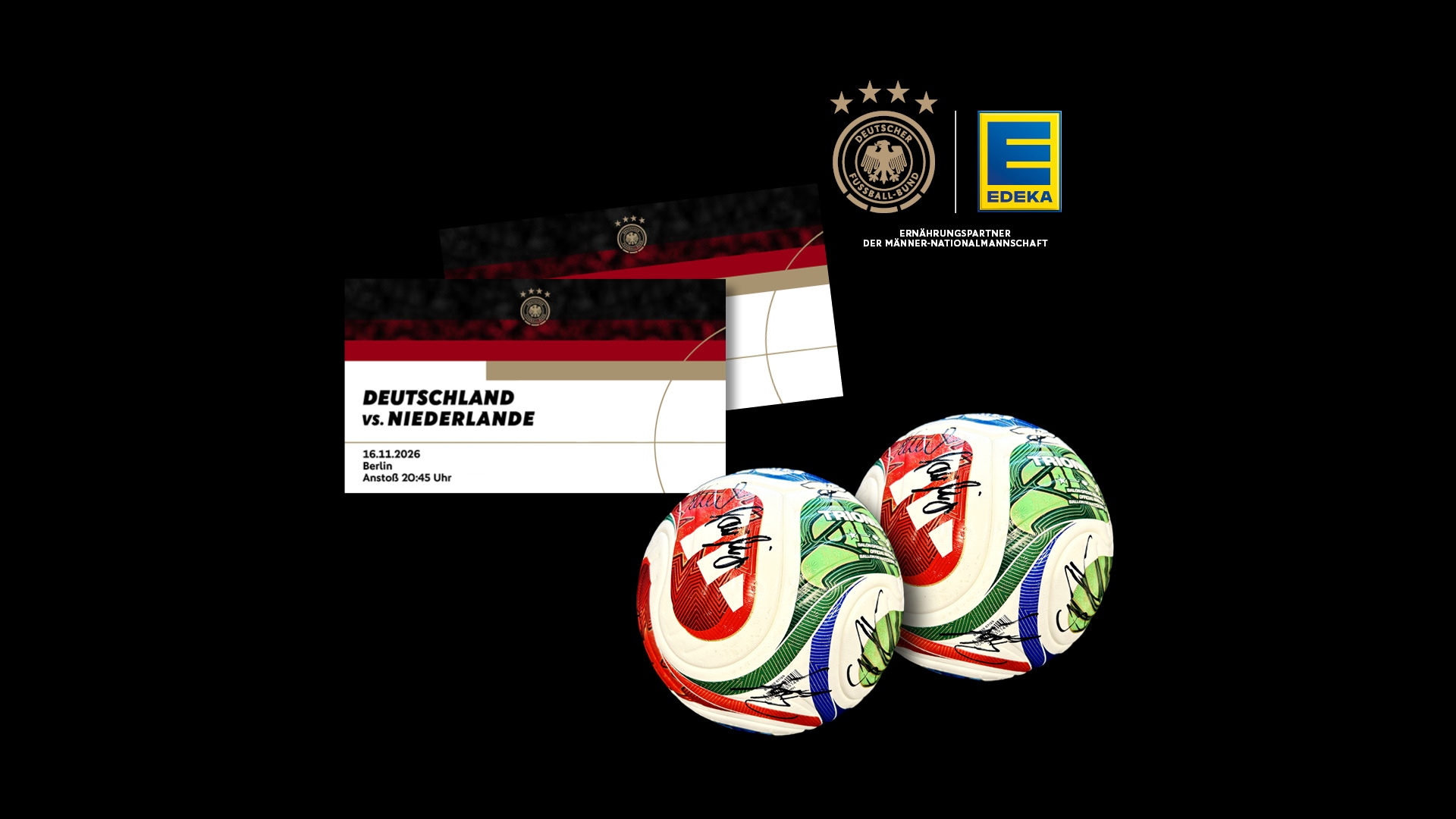 Gewinnpräsentation von zwei Länderspieltickets und zwei Fußbällen.