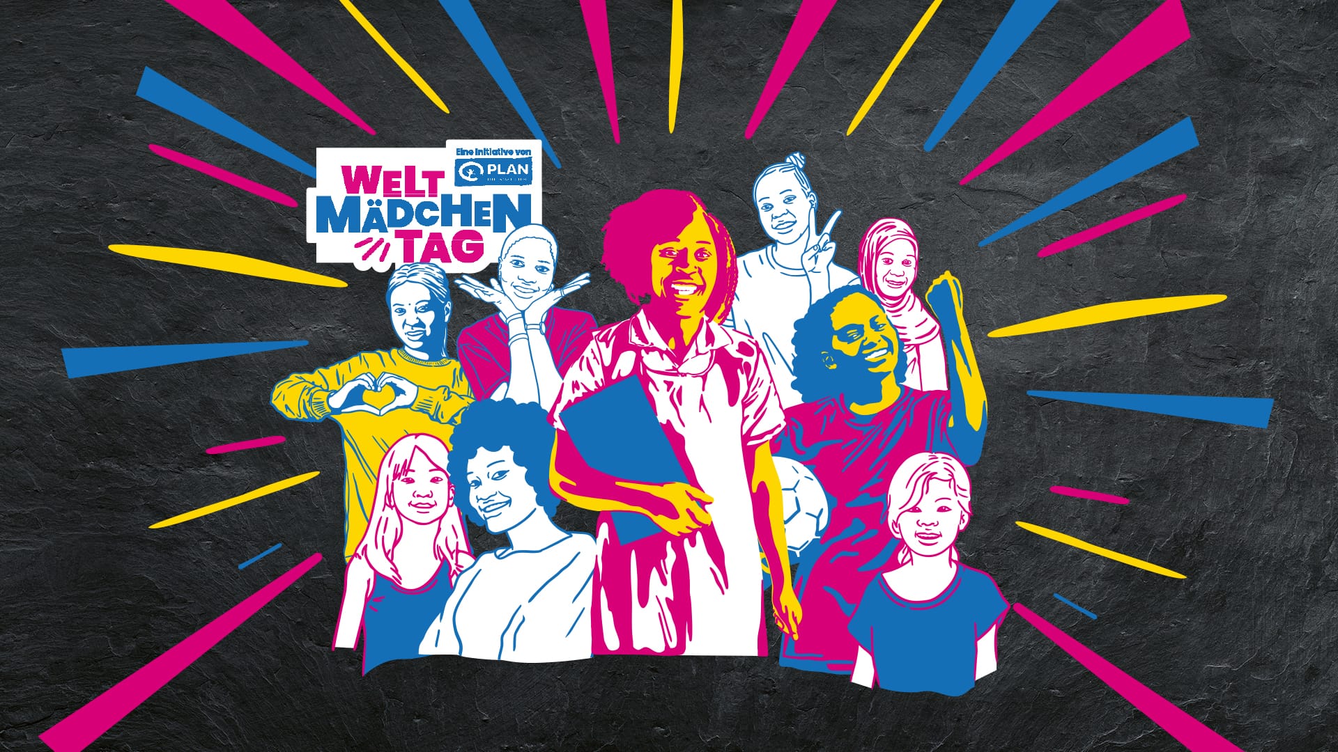 Grafik zum Weltmädchentag mit illustrierten Kindern in bunten Farben vor dunklem Hintergrund und dem Schriftzug „Weltmädchentag“ von Plan International.