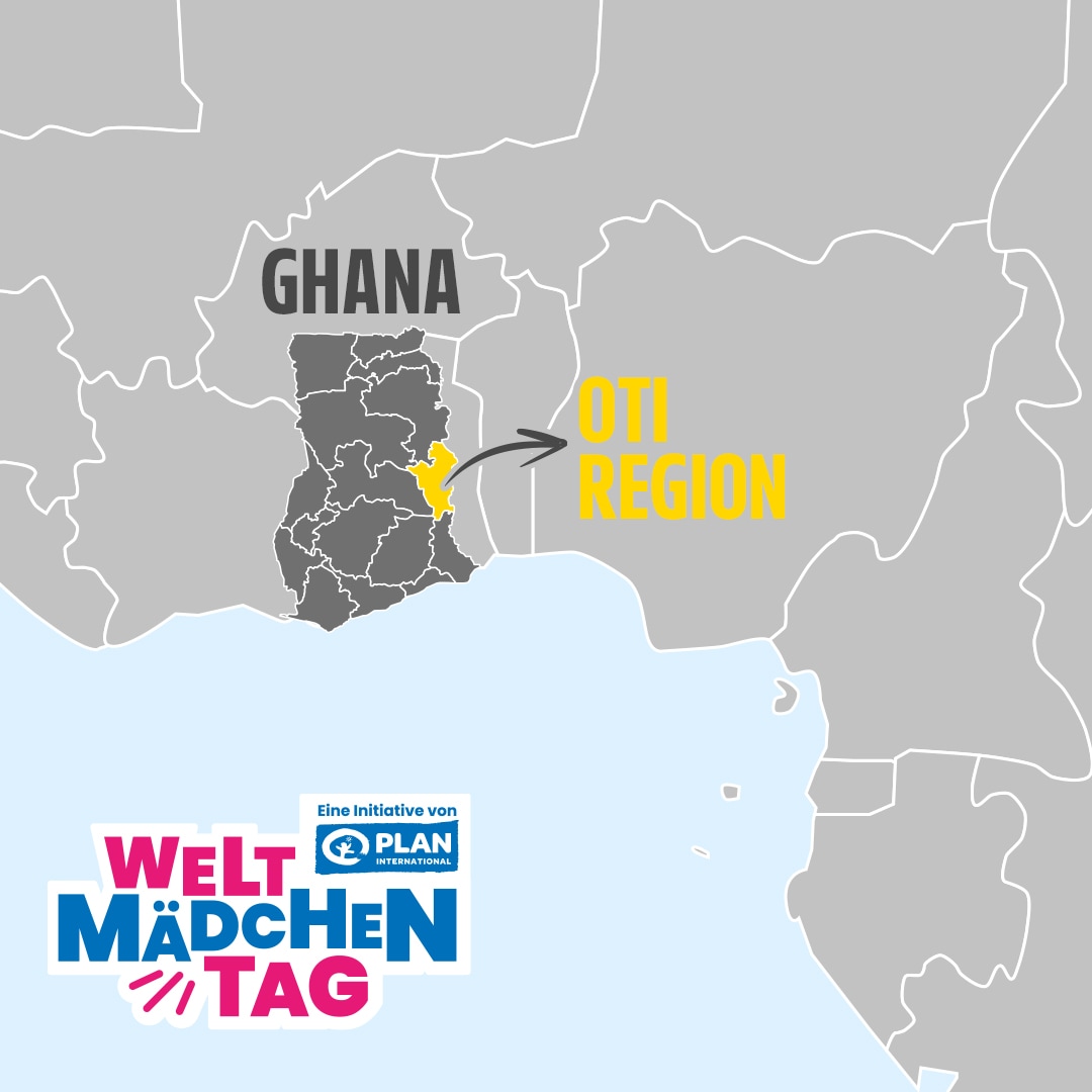 Grafik zum Weltmädchentag mit einer Karte von Ghana, hervorgehobener Landesfläche und dem Logo von Plan International.