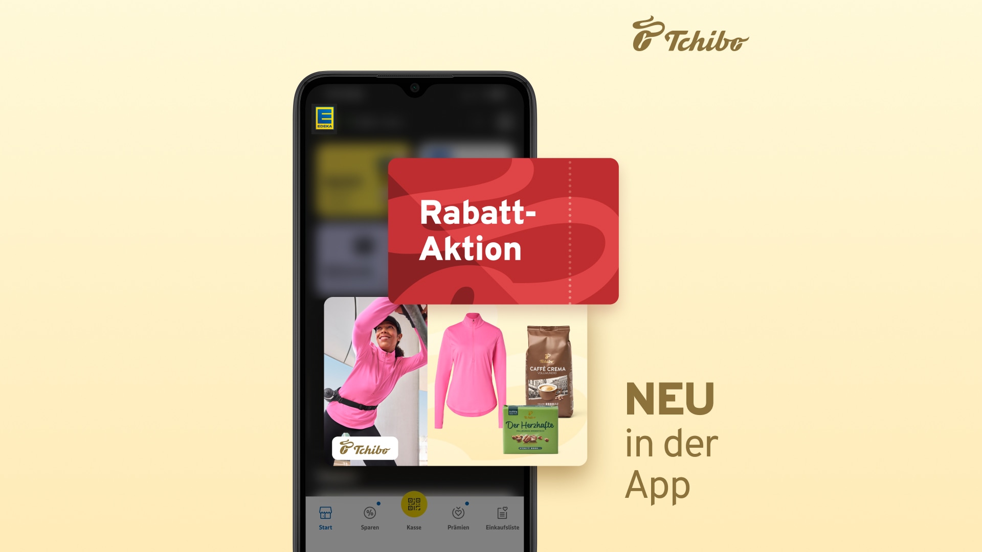 Smartphone mit Tchibo-App und Rabatt-Aktion; daneben der Hinweis „Neu in der App“.