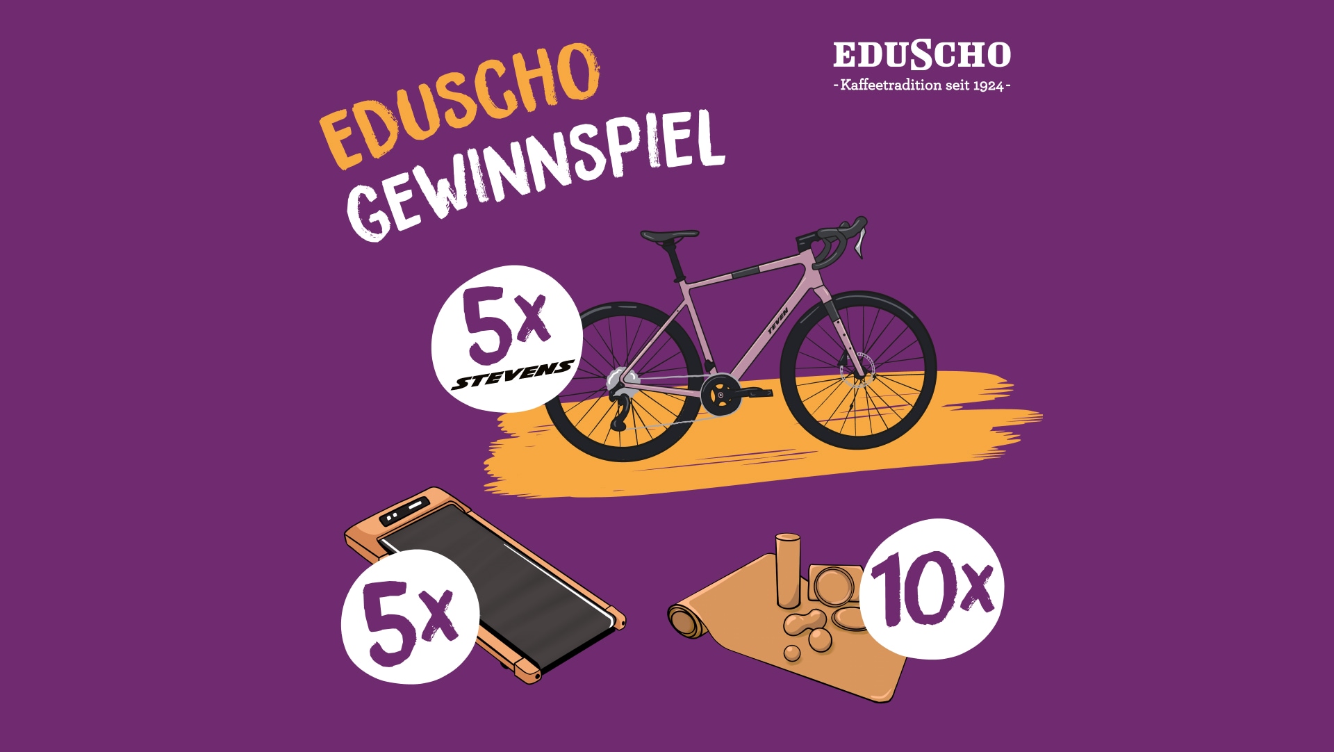Eduscho-Gewinnspiel mit Fahrrad, Laufband und Fitnessmatte als Preise.