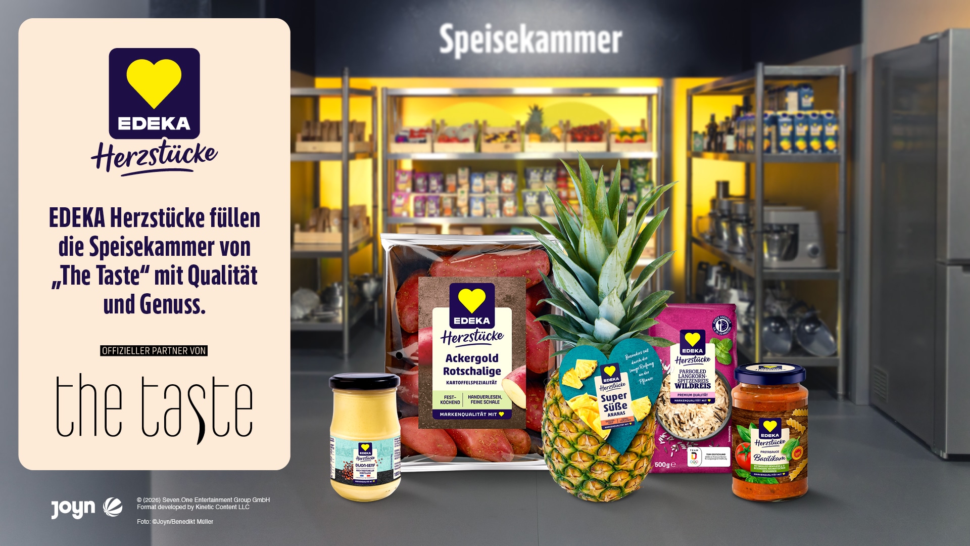 EDEKA-Herzstücke-Produkte in einer Speisekammer, präsentiert als Partner von „The Taste“.