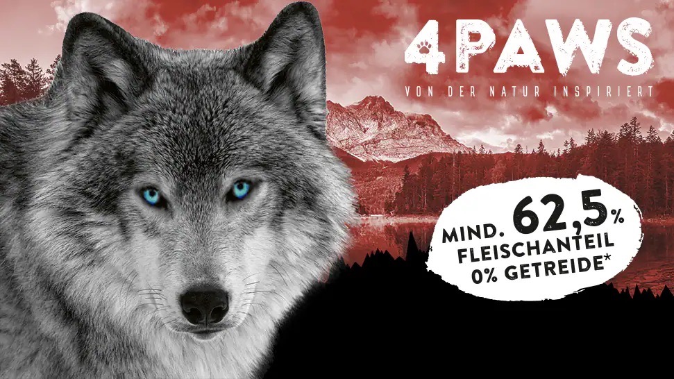 Ein Wolf vor Bergen. Text: four paws. von der Natur inspiriert. Mindestens 62,5 Prozent Fleischanteil. Null Prozent Getreide.