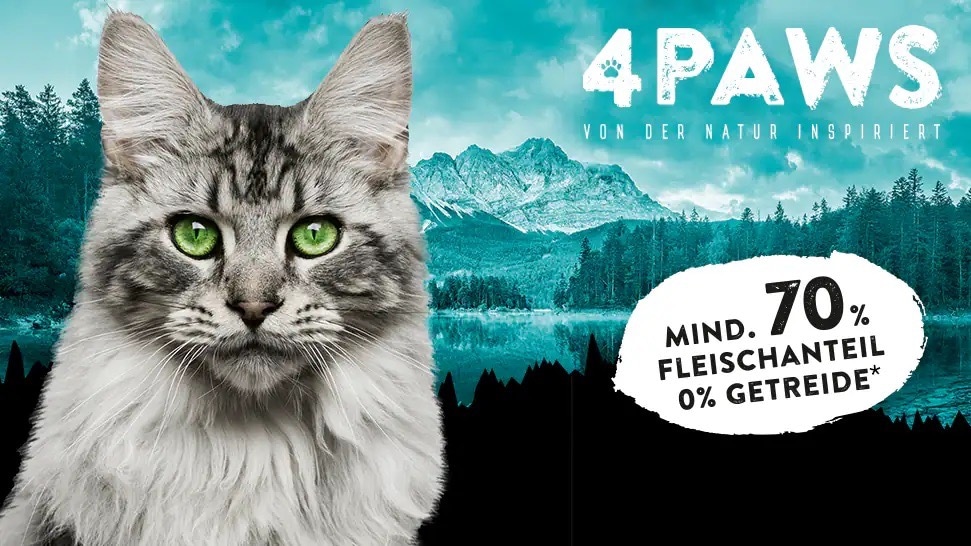 Katze vor Berglandschaft. Text: four paws, von der Natur inspiriert. Mindestens 70 Prozent Fleischanteil. Null Prozent Getreide.