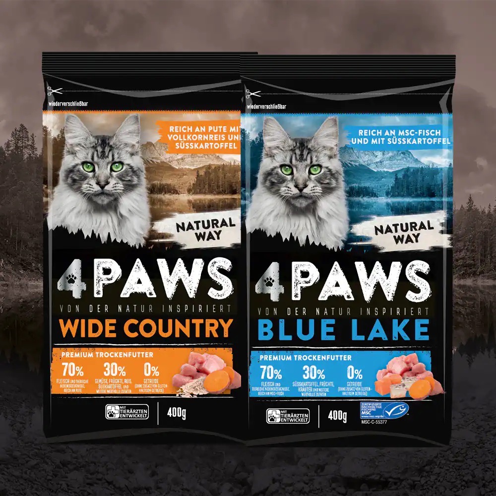 Zwei Tüten Katzenfutter à 400 Gramm. Wide Country mit Pute, Blue Lake mit Fisch.