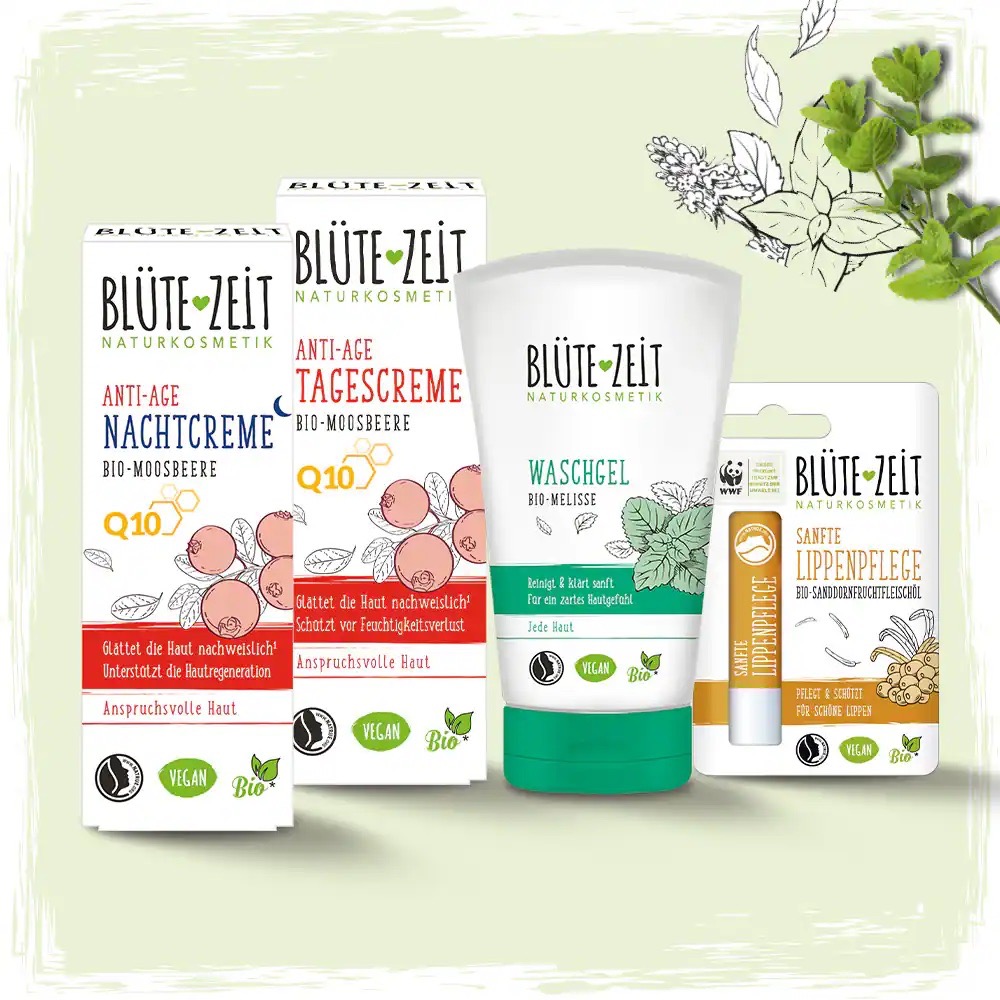 Sortiment Gesichtspflege von Blütezeit: Anti-Age Nachtcreme, Anti-Age Tagescreme, Waschgel und sanfte Lippenpflege.