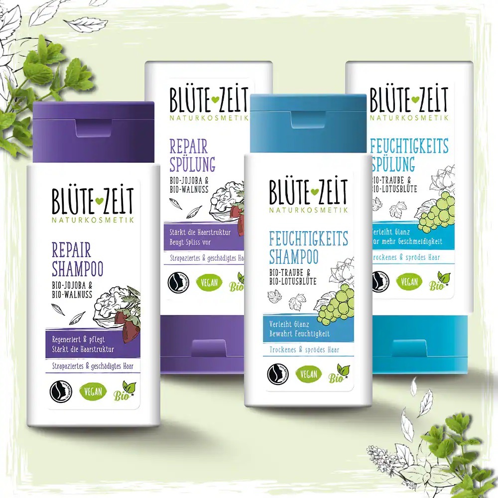 Haarpflege Sortiment Blütezeit: Repair Shampoo, Repair Spülung, Feuchtigkeits Shampoo und Feuchtigkeits Spülung.