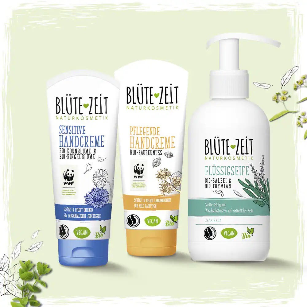 Sortiment Handpflege Blütezeit: Sensitive Handcreme, pflegende Handcreme und Flüssigseife.
