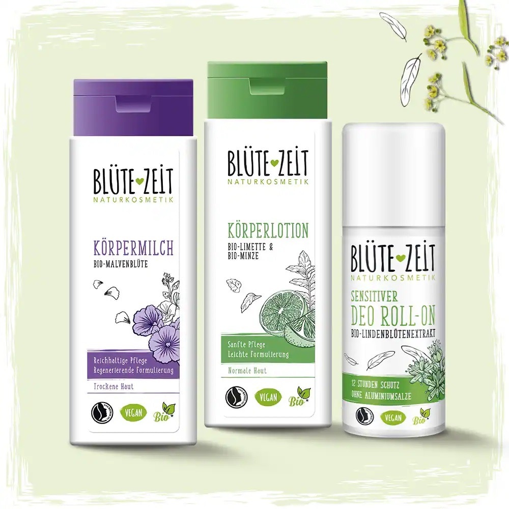 Sortiment Körperpflege von Blütezeit: Körpermilch, Körperlotion und sensitiver Deo Roll-On.