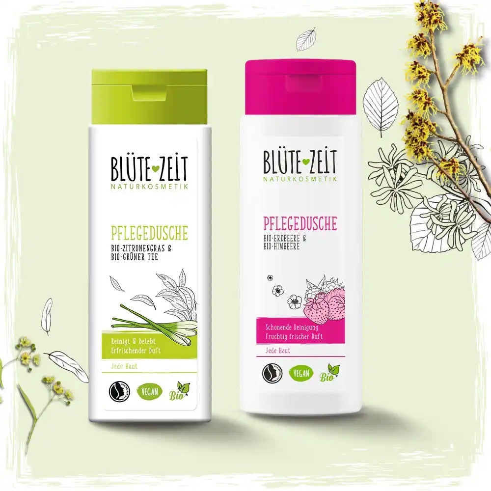 Sortiment Körperreinigung von Blütezeit: Pflegedusche Bio Zitronengras & grüner Tee sowie Pflegedusche Bio Erdbeere & Himbeere.