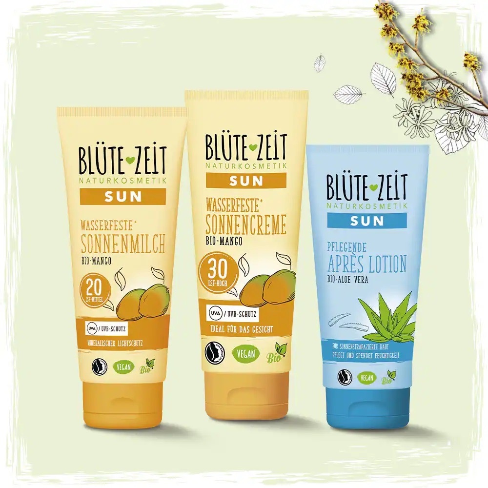 Sortiment Sonnenschutz von Blütezeit: Wasserfeste Sonnenmilch, wasserfeste Sonnencreme sowie pflegende Après Lotion.
