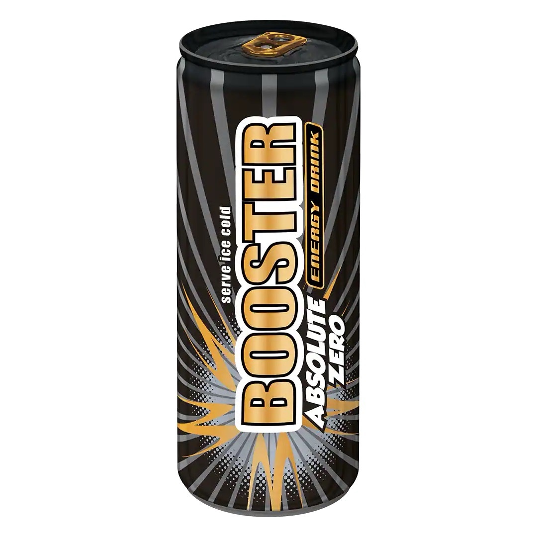 Schwarze Getränkedose mit goldener Aufschrift: Booster Absolute Zero Energy Drink.
