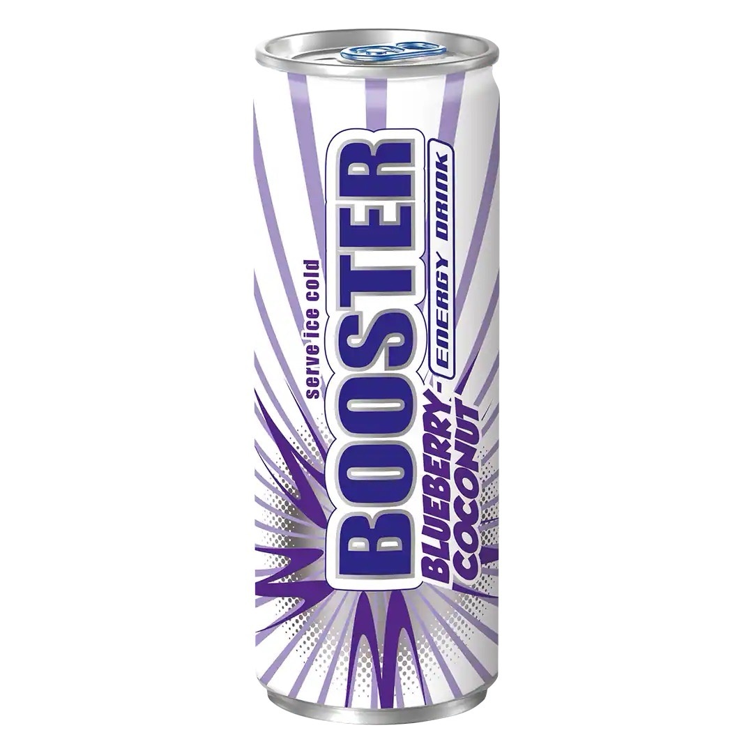 Weiße Getränkedose mit lillaner Aufschrift: Booster Blueberry Coconut Energy Drink.