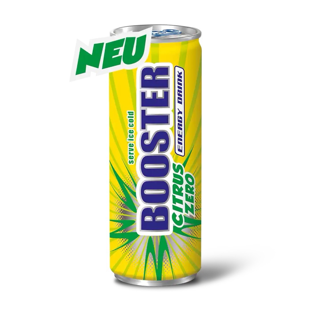 Gelbe Getränkedose mit lillaner und grüner Aufschrift: Booster Citrus Zero Energy Drink. Darüber Text: NEU.