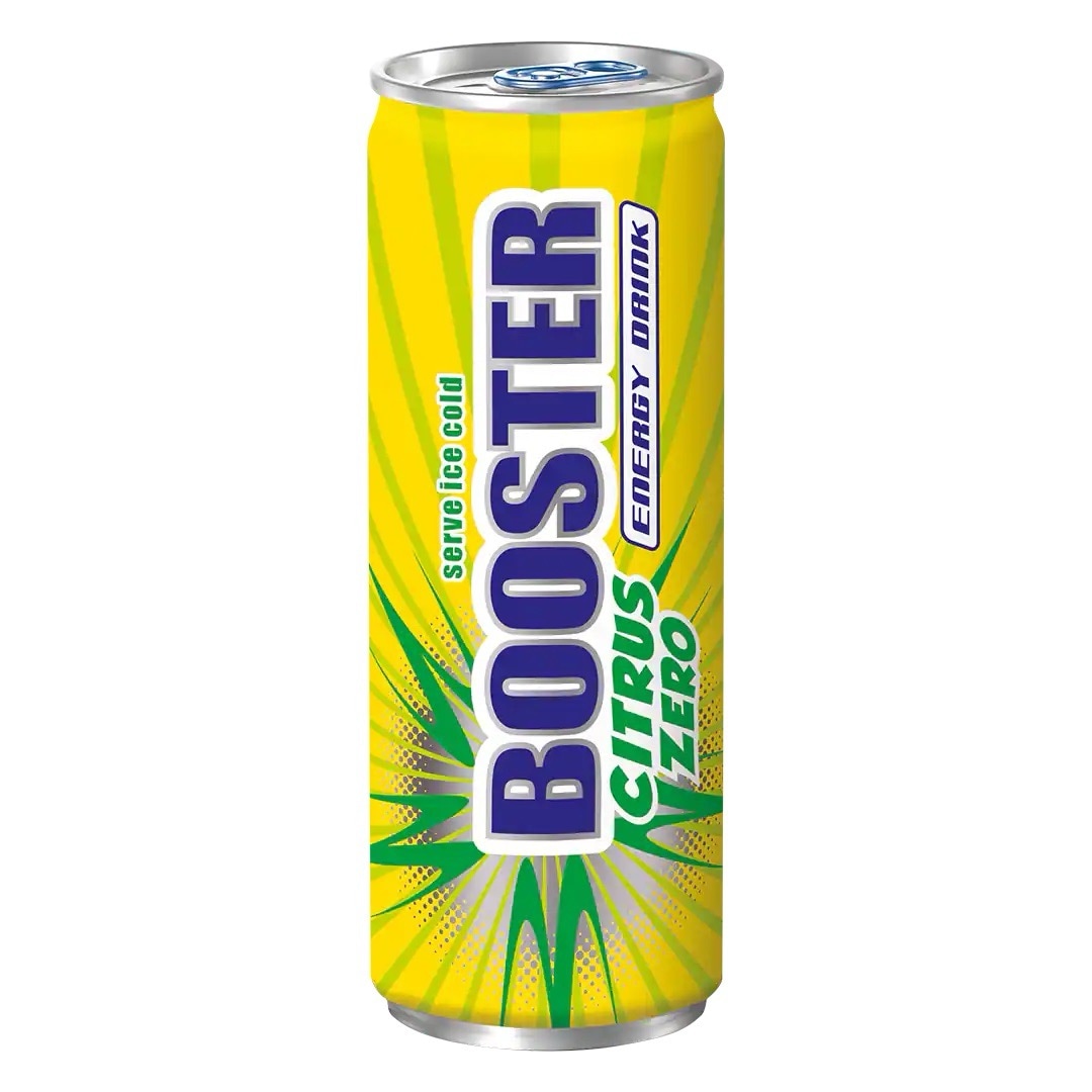 Gelbe Getränkedose mit lillaner und grüner Aufschrift: Booster Citrus Zero Energy Drink.