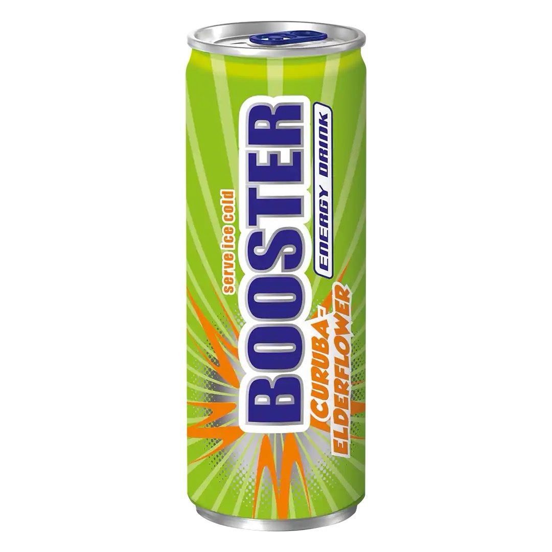 Grüne Getränkedose mit lillaner und orangener Aufschrift: Booster Energy Drink Curuba-Elderflower.