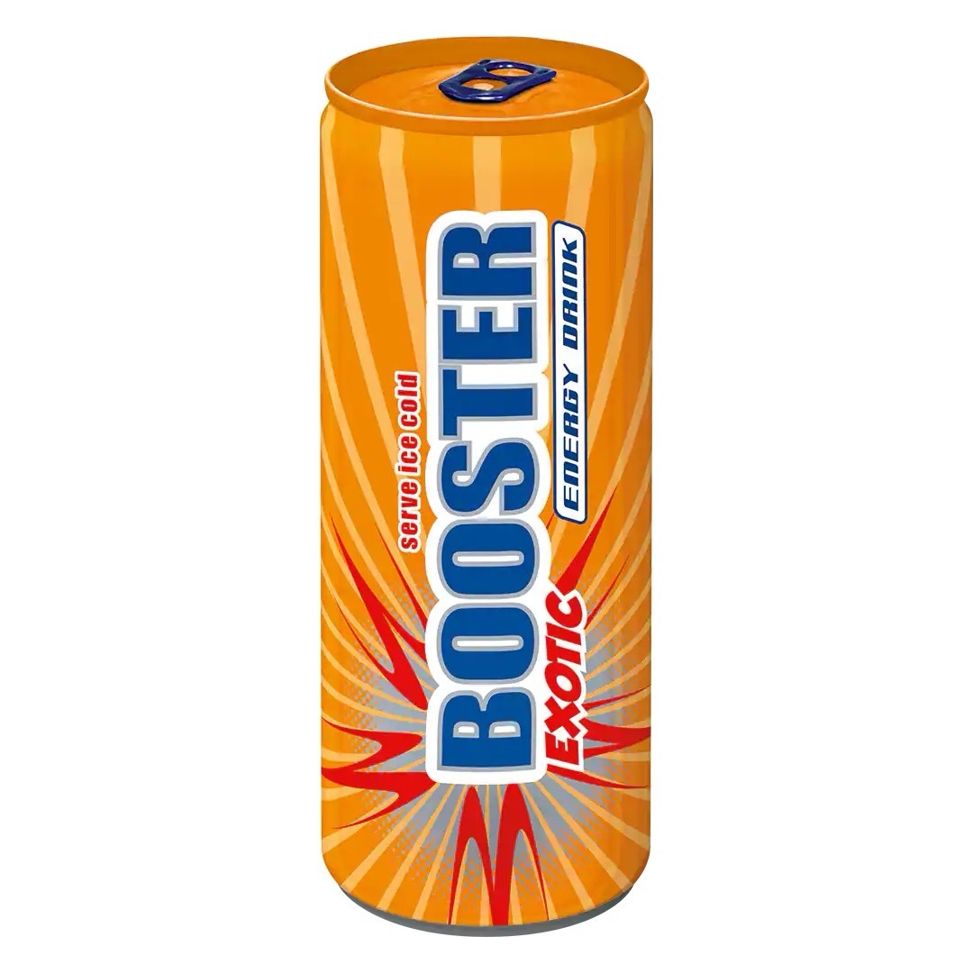 Orangene Getränkedose mit lillaner und roter Aufschrift: Booster Exotic Energy Drink.