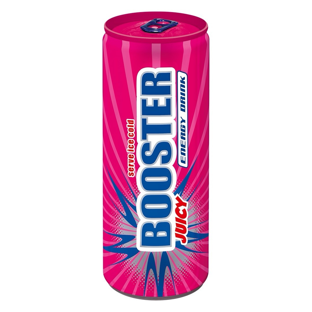 Pinke Getränkedose mit blauer Aufschrift: Booster Juica Energy Drink.