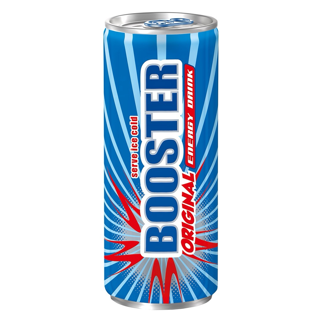 Blaue Getränkedose mit roten Nuancen und blauer Schrift: Booster Original Energy Drink.