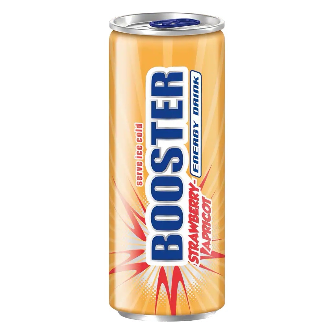 Goldene Getränkedose mit blauer Schrift: Booster Strawberry-Apricot Energy Drink.