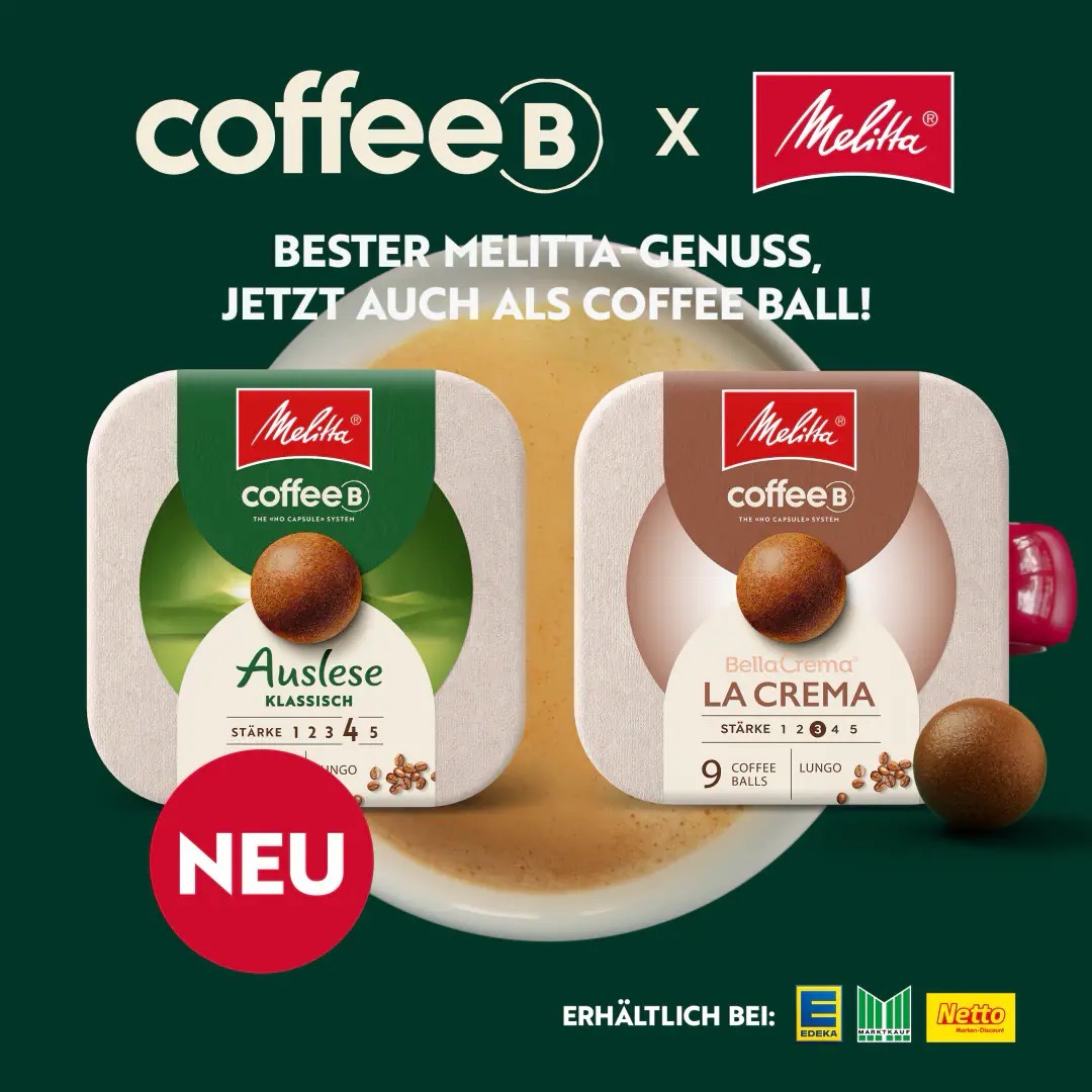 Zwei Sorten Coffee Balls: Auslese klassisch und La Crema. Text: Bester Melitta Genuss, jetzt auch als Coffee Ball. Erhältlich bei EDEKA, Marktkauf und Netto.