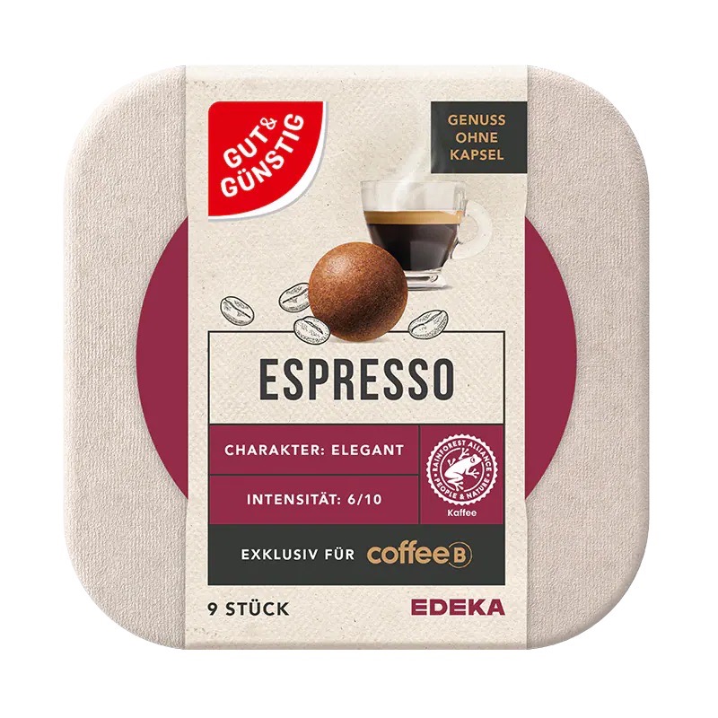 Espresso, Charakter: elegant, Intensität: 6/10, neun Stück.