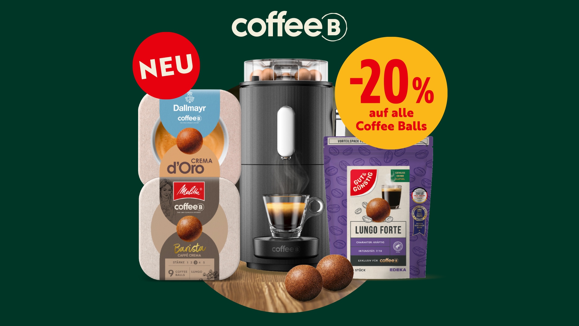 CoffeeB Kaffeemaschine mit Coffee Balls und 20 % Rabatt auf alle Coffee Balls.