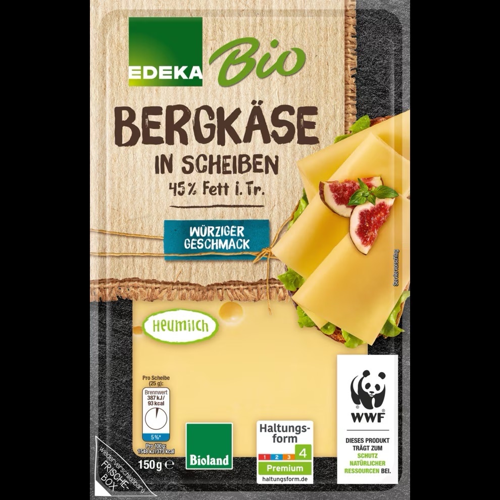 EDEKA Bio Bergkäse in Scheiben 45 Prozent Fett i. Tr. Haltungsform vier Premium.