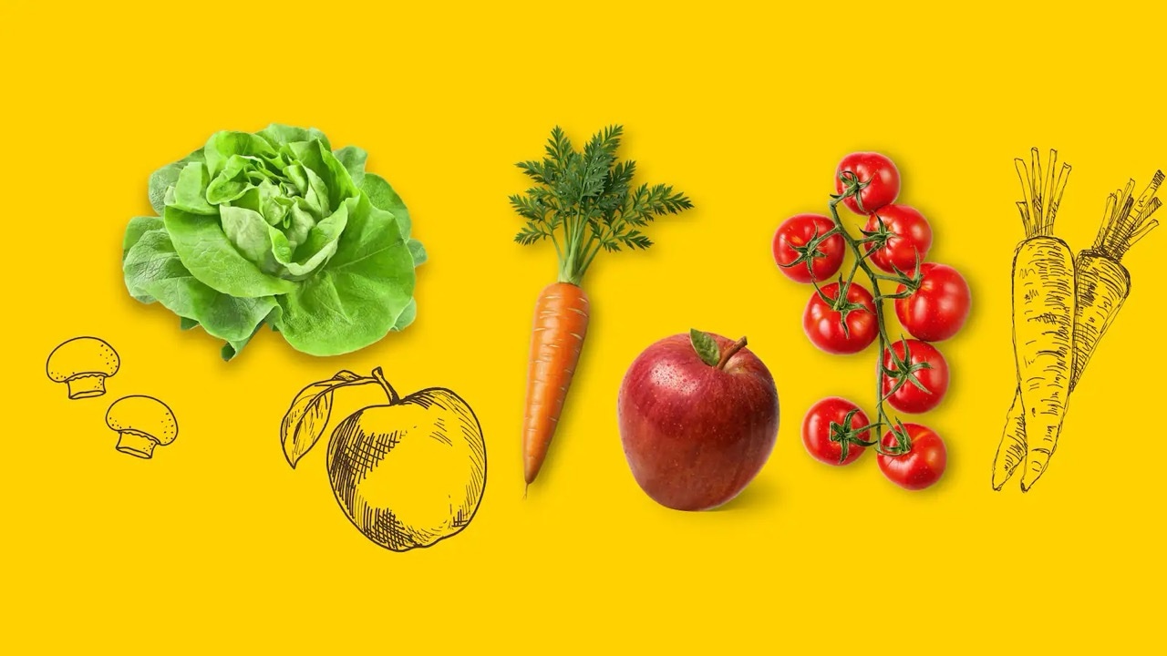 Ein Kopfsalat, eine Karotte, ein roter Apfel und Rispentomaten vor gelbem Hintergrund. Dazwischen feine schwarze Strichzeichnungen von Champignons, einem Apfel und Karotten.