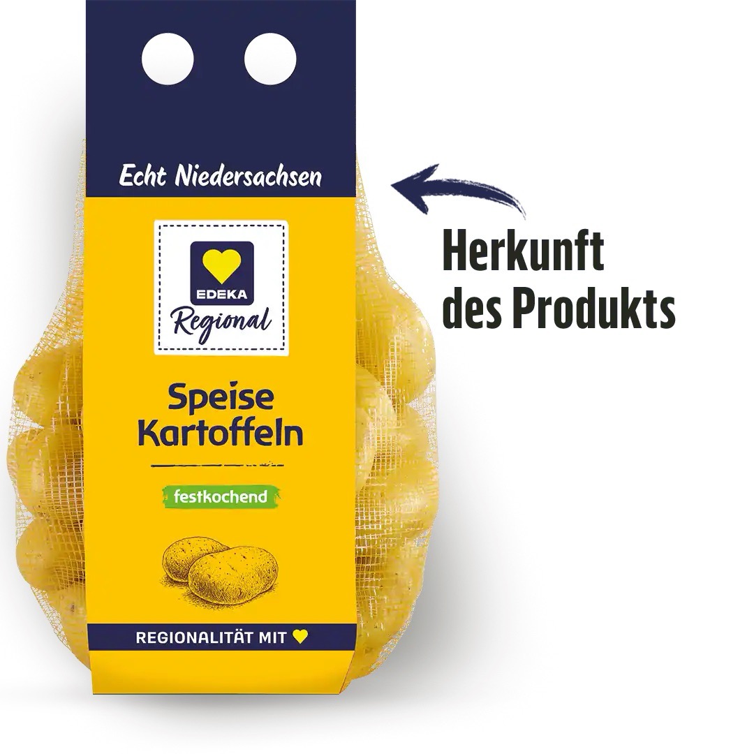 Text mit Pfeil auf einen Sack Kartoffeln: Herkunft des Produkts.
