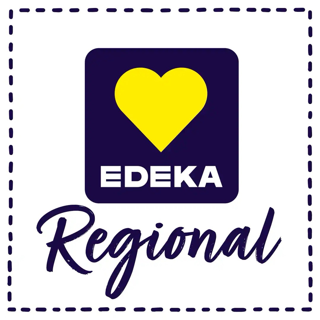 Logo von EDEKA regional: gelbes Herz auf blauem Untergrund.