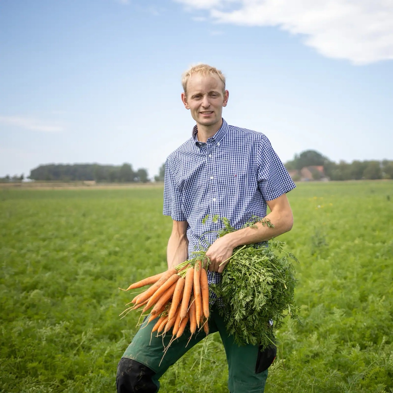 Ein blonder Mann mit blau-weiß-kariertem Kurzarm-Hemd steht auf einem Feld. In seiner Hand hält er einen Bund Mohrrüben.