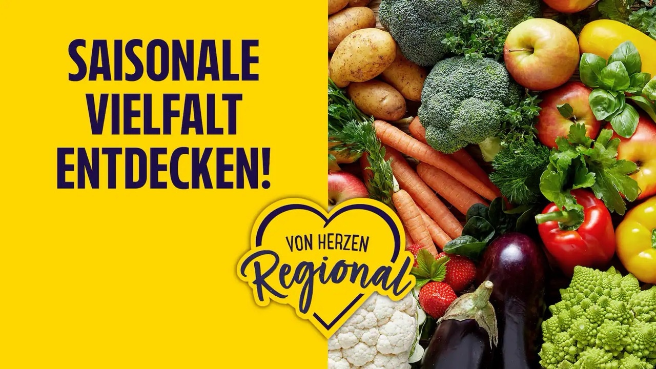 Vertikal geteilte Grafik. Links Text: Saisonale Vielfalt entdecken! Rechts: Obst und Gemüse. In der Mitte das Logo von Herzen regional.