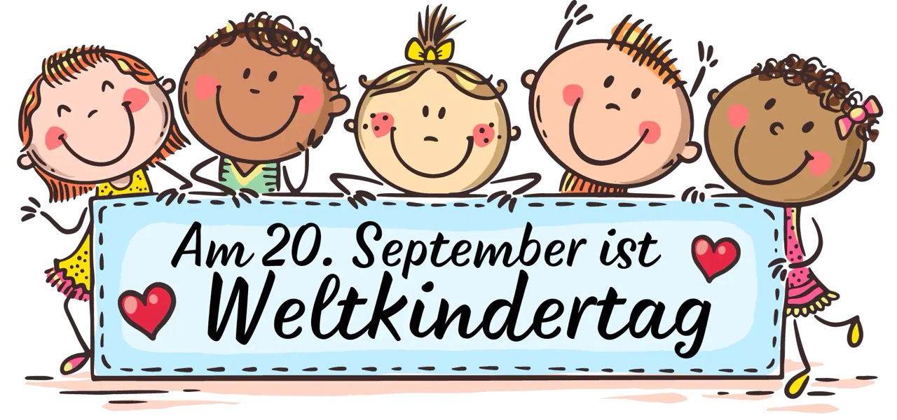 Fünf Kinder-Comic-Figuren halten einen Banner mit der Aufschrift: Am 20. September ist Weltkindertag.