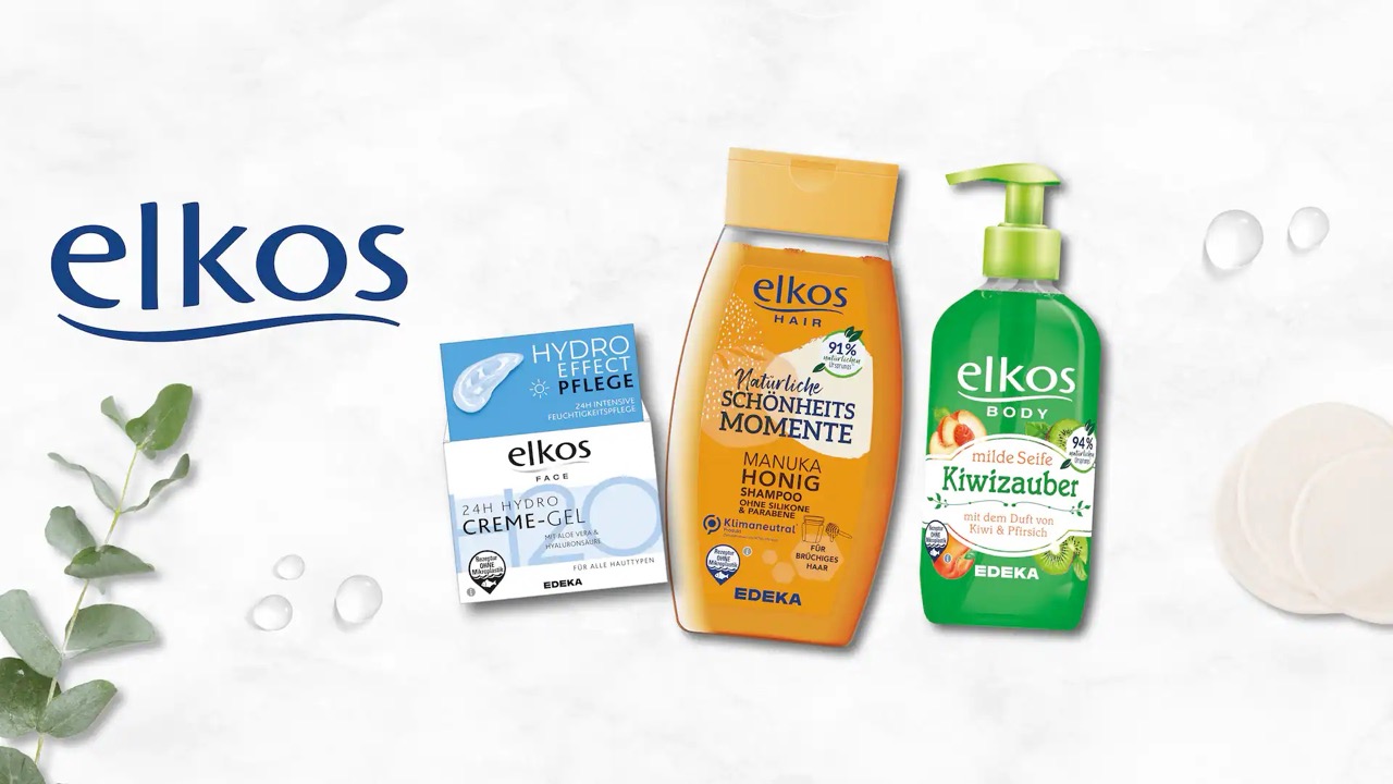 Verschiedene elkos Pflegeprodukte wie Creme-Gel, Manuka-Honig Shampoo und Kiwizauber-Seife.