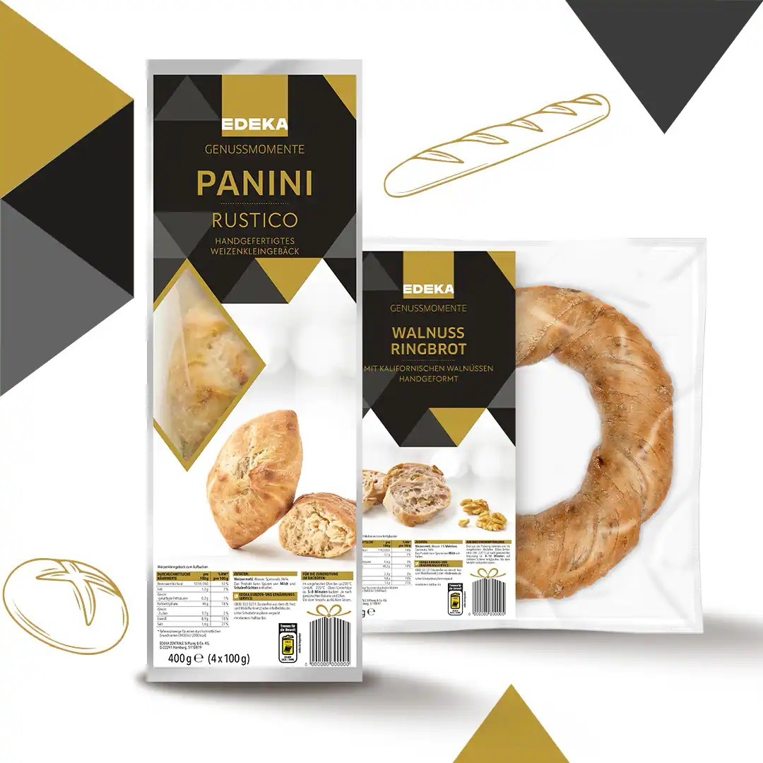 Sortiment Backwaren von EDEKA Genussmomente: Panini Rustico und Walnuss Ringbrot.