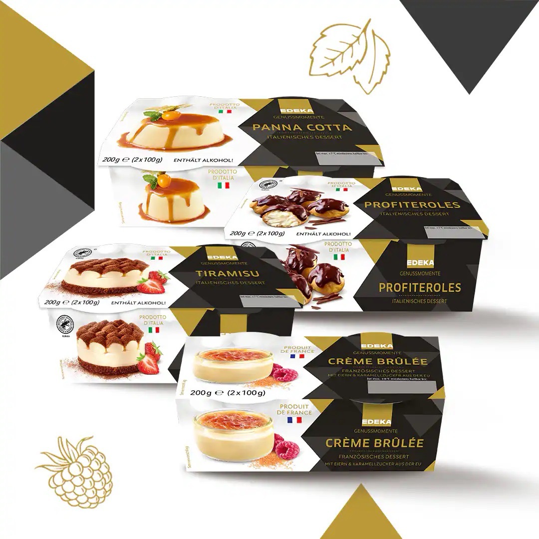 Dessert Sortiment von EDEKA Genussmomente: Panna Cotta, Profiteroles, Tiramisu und Creme Brûlée.