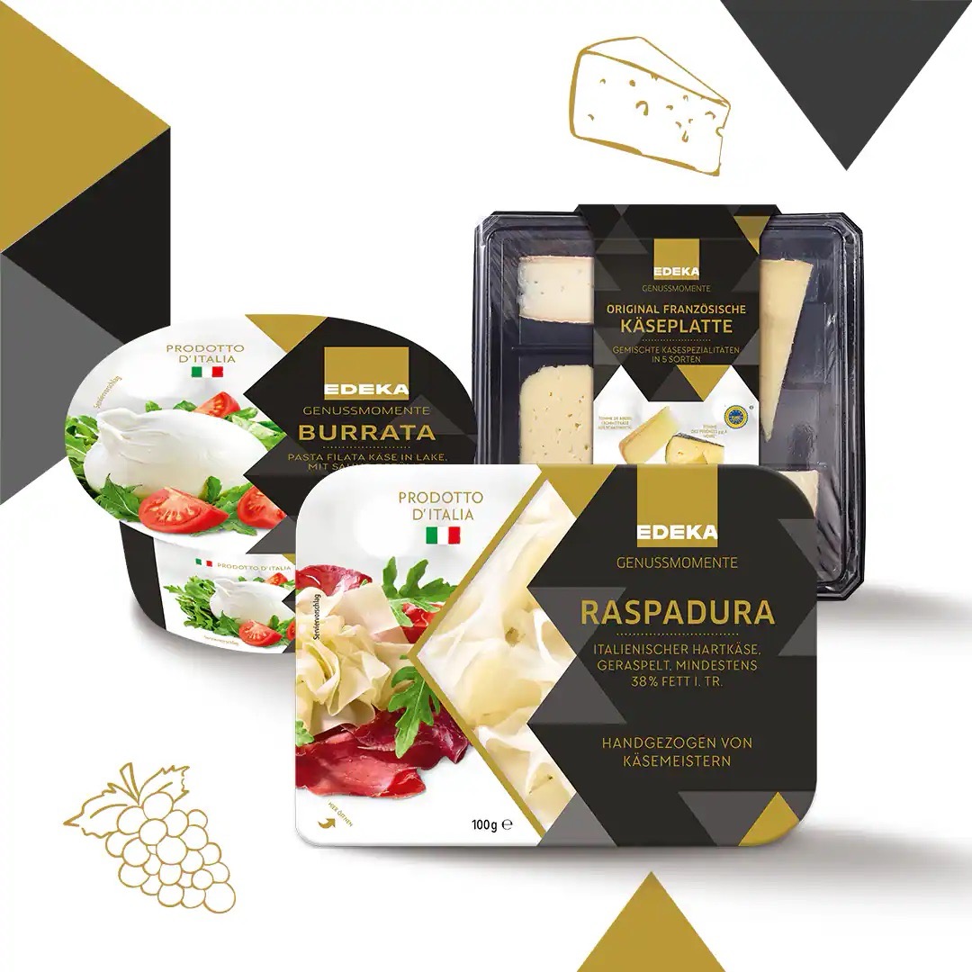 Sortiment Käse von EDEKA Genussmomente: Burrata. Original französische Käseplatte sowie Raspadura.