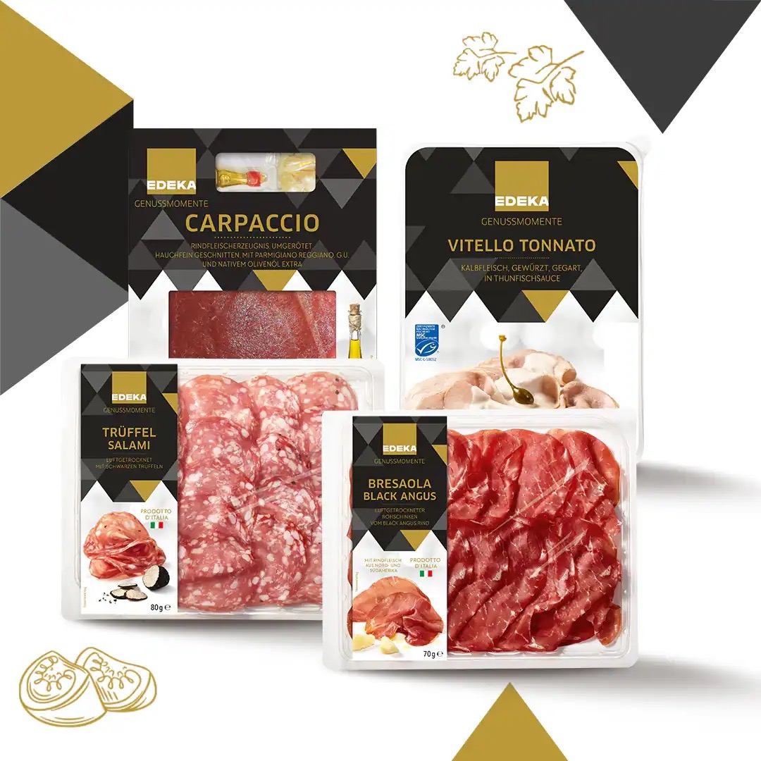 Sortiment Wurst von EDEKA Genussmomente: Carpaccio, Vitello Tonnato, Trüffel Salami sowie Bresaola Black Angus.