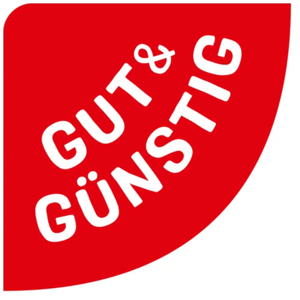 Logo gut und günstig. Weiße Schrift auf rotem Hintergrund.
