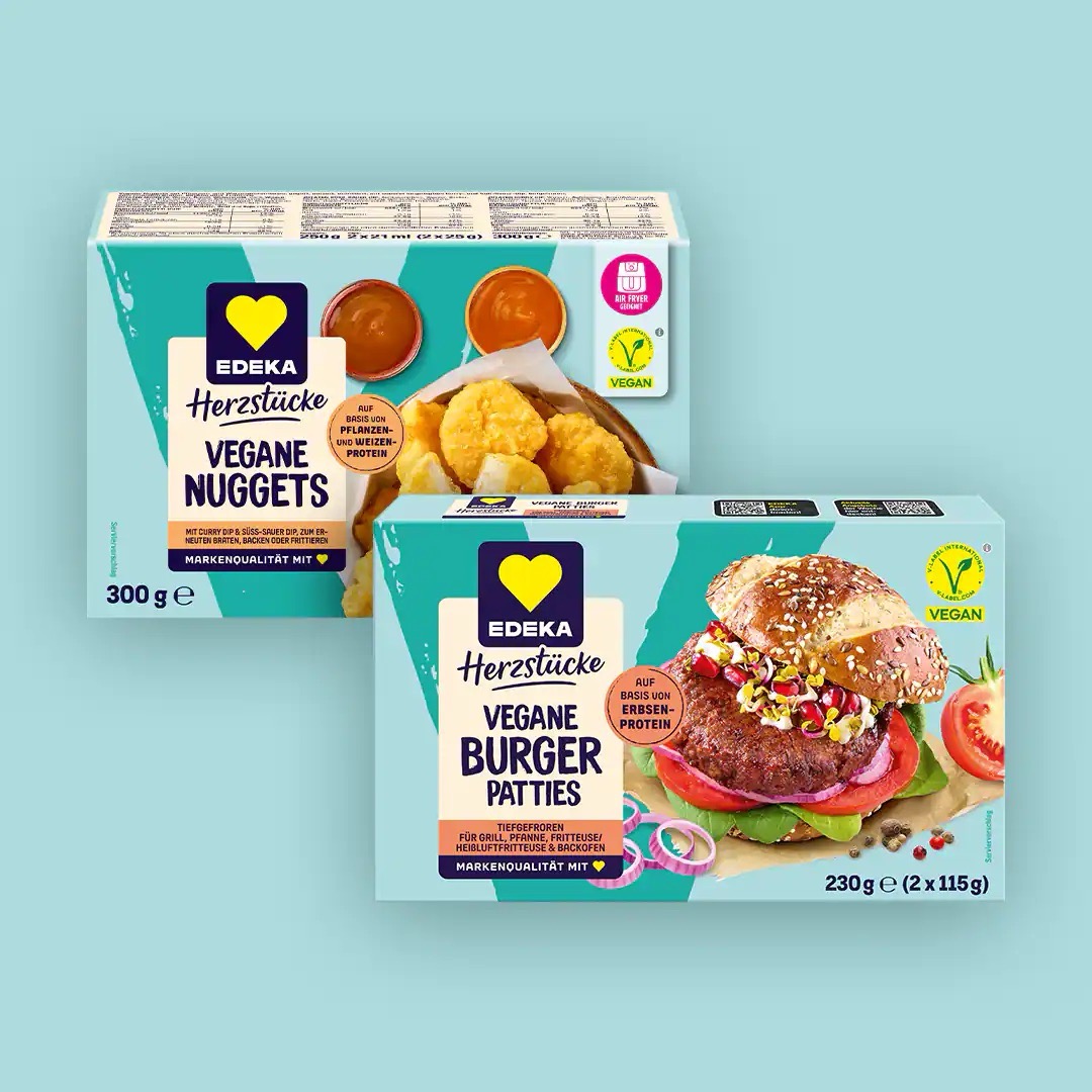 Vegane Nuggets sowie vegane Burger Patties von EDEKA Herzstücke.