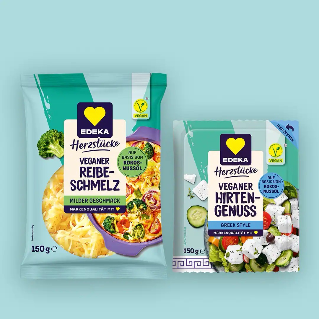 Veganer Reibeschmelz sowie veganer Hirtengenuss Greek Style von EDEKA Herzstücke.