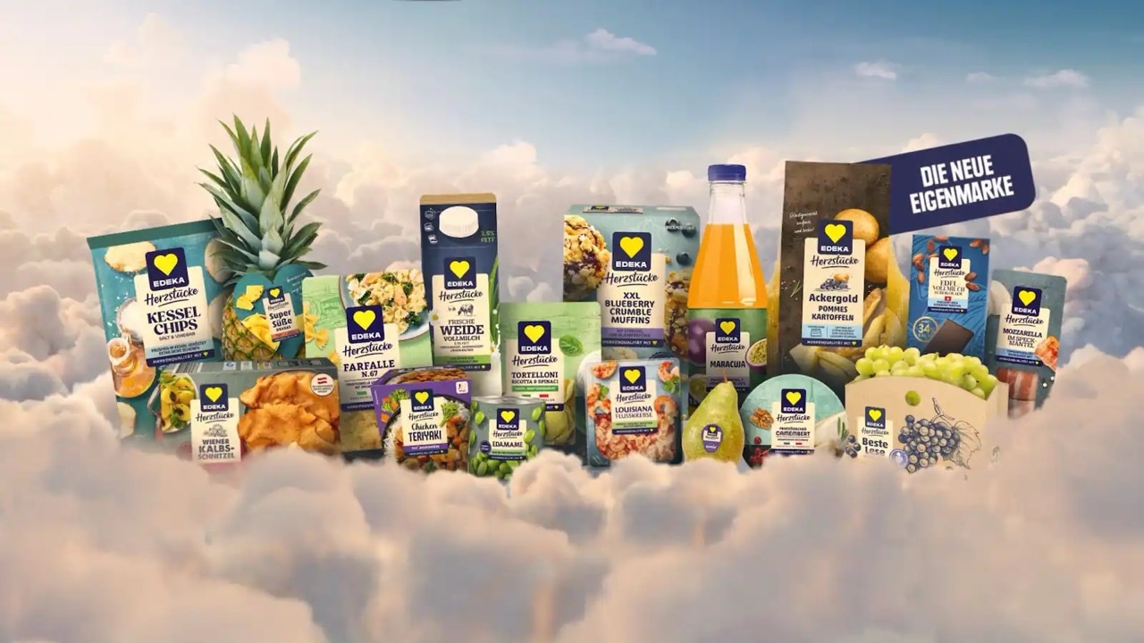 17 unterschiedliche Produkte der Marke EDEKA Herzstücke, schwebend auf einer Wolkendecke vor einem hellen Himmel. Oben rechts der Schriftzug „Die neue Eigenmarke“.
