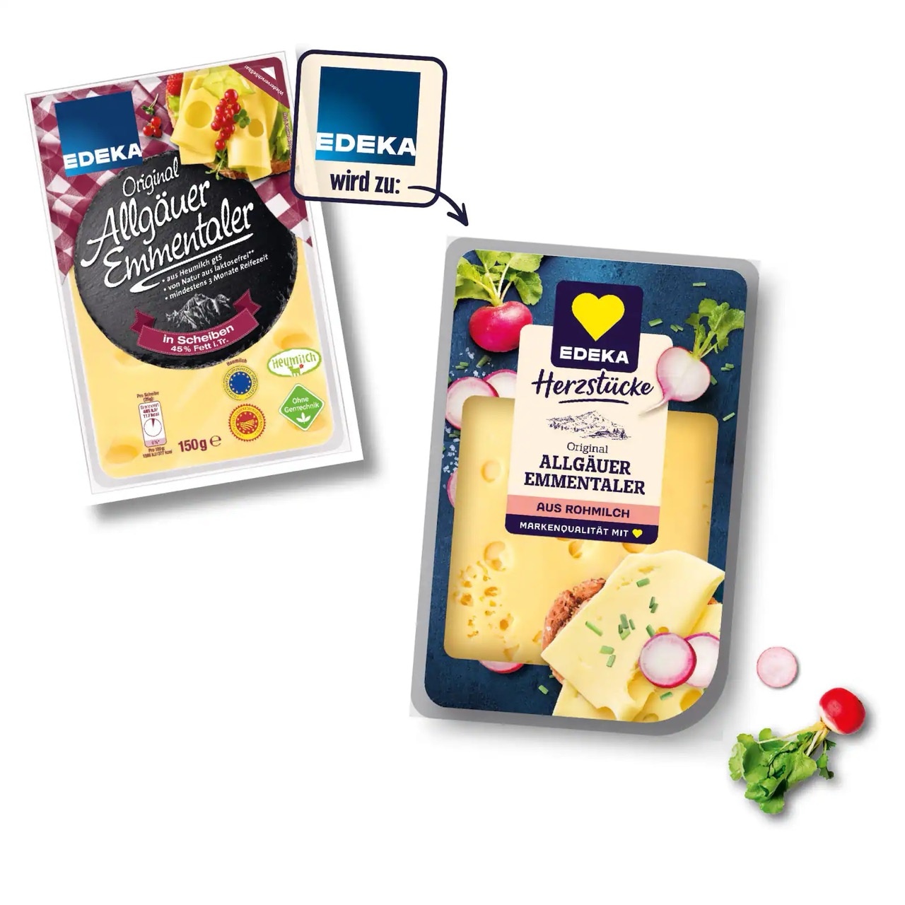 Zwei Packungen Original Allgäuer Emmentaler Käse. Einmal im alten Design und einmal im neuen EDEKA Herzstücke Design.