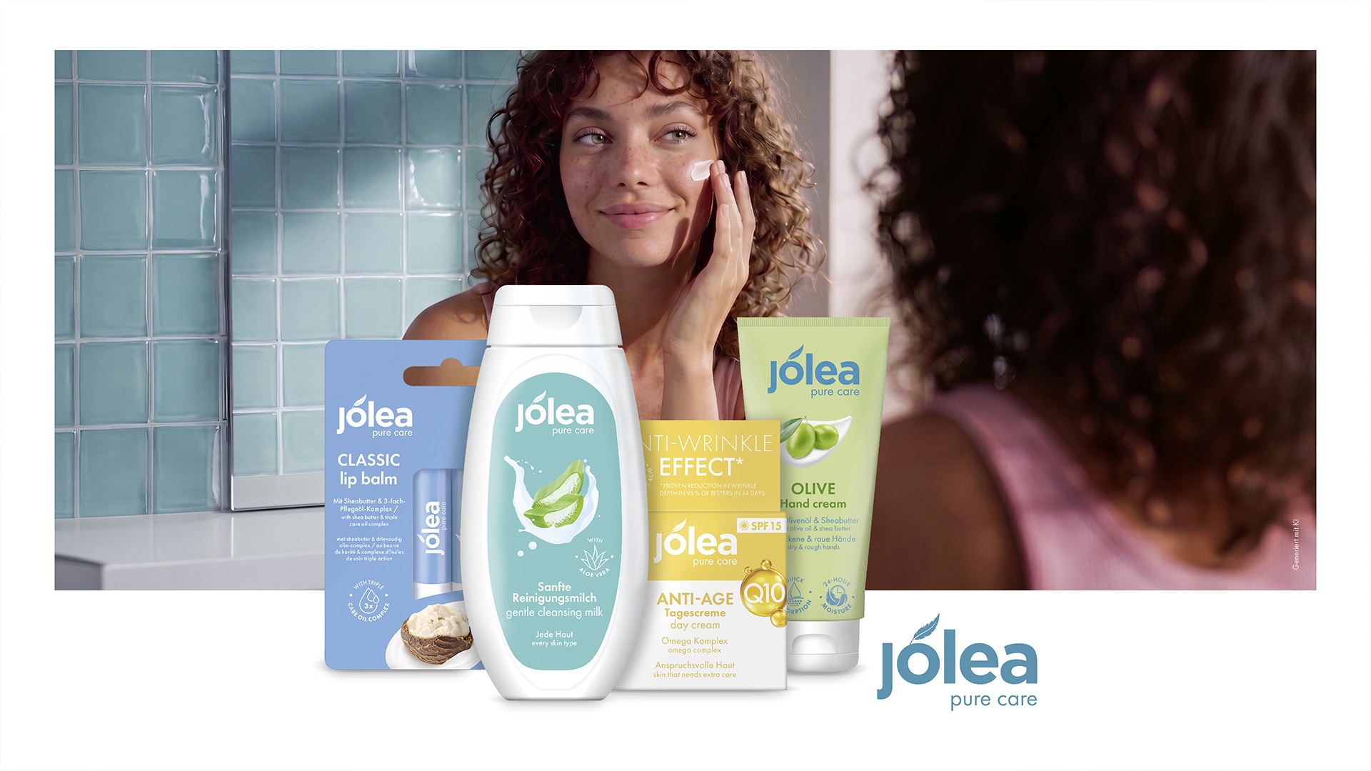 Joléa-Pflegeprodukte vor einem Badezimmerspiegel mit Person bei der Gesichtspflege.
