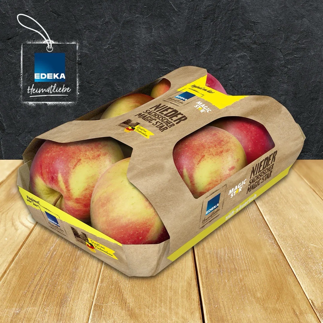 Pappschachtel mit sechs Äpfeln und dem Logo EDEKA Heimatliebe.